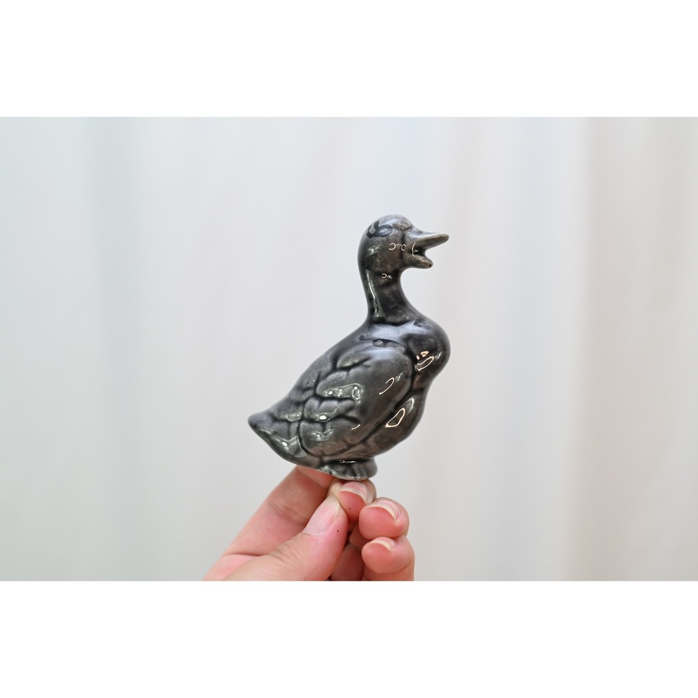 Vintage Gray Ceramic Duck Figurine Glossy Marbled Glaze 3.75 Inch Tall